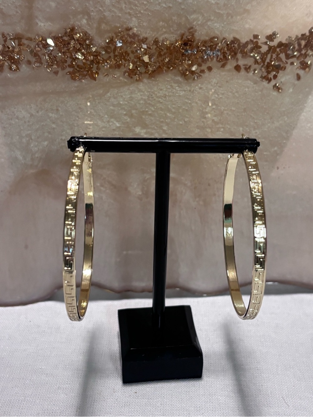 Gold Hoop Earrings with Greek Key Detail Large